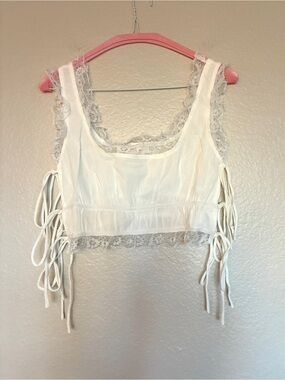 Beige Botany Lace-Trim White Crop Tank Top Size M Cotton Blend Cottagecore Y2K